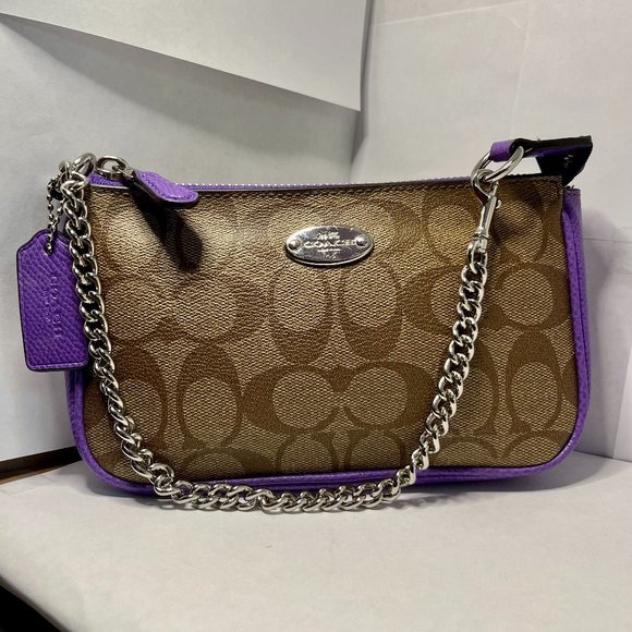 Coach Handbags - EUC Coach Signature Monogram Tan Purple Wristlet Mini Handbag Chain Handle